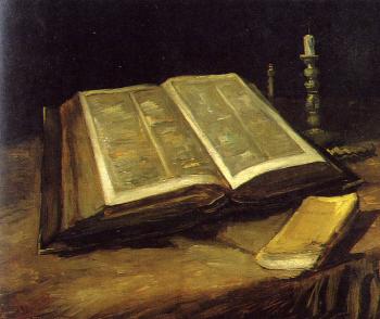 文森特 威廉 梵高 繙開的聖經、燭台和小說